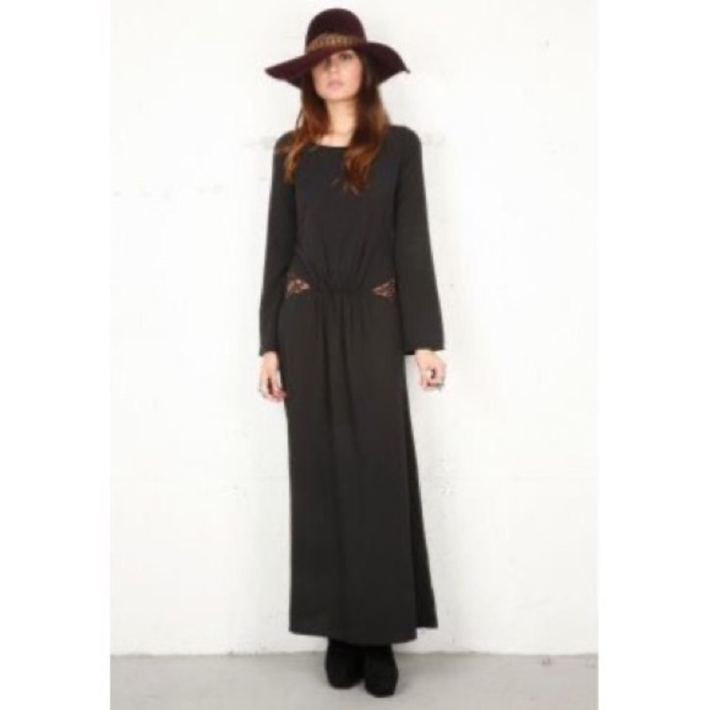 For Love & Lemons Mulholland Maxi Dress Black Long Bell Sleeve Lace Inset